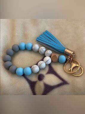 Blue and White Beaded Tassel Keychain
